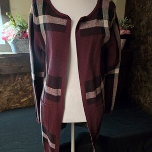 Elle Burgundy Plaid Open-Front Cardigan